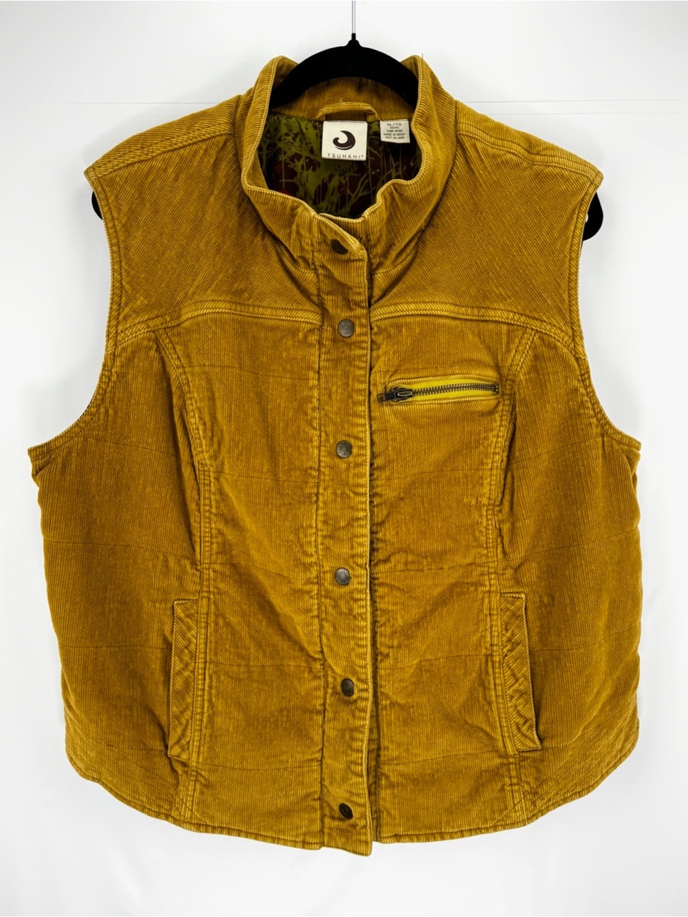 Women's Mustard Yellow Corduroy Quilted Puffer Vest with Botanical Interior